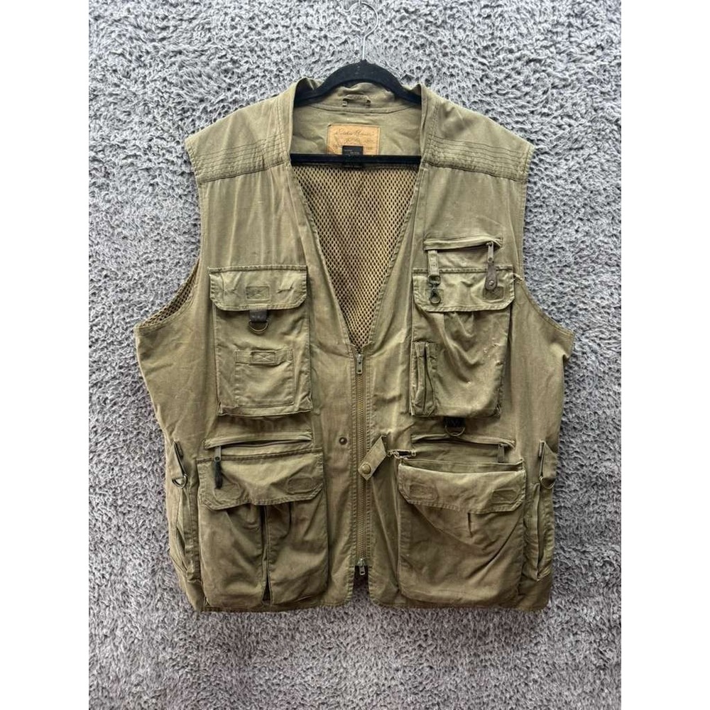 Vintage Eddie Bauer Cotton Mesh Tactical Cargo Fishing Vest Brown Mens Size XL